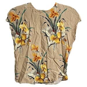& Other Stories Boho Floral Blouse Top Size 0 Tan Yellow Cap Sleeves Zip Back